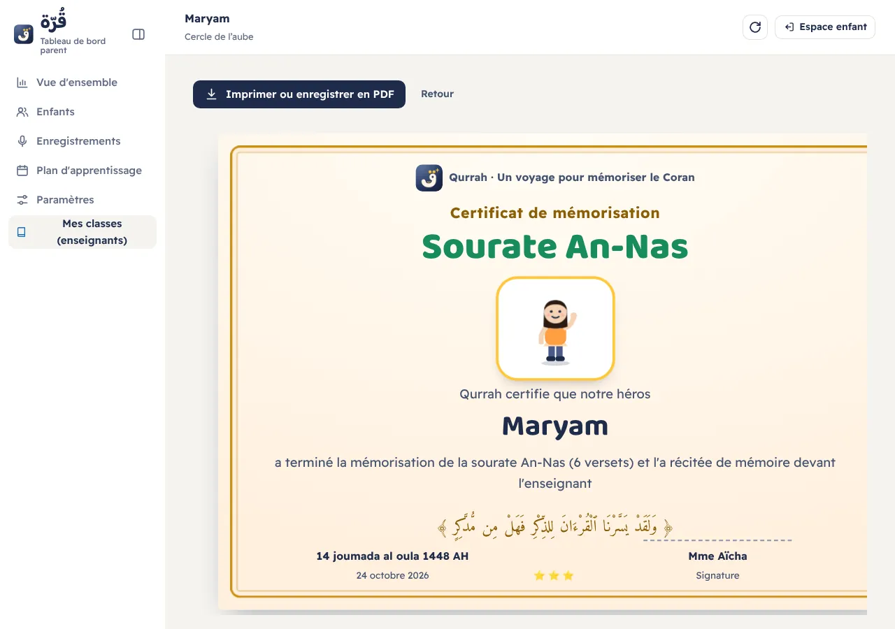 Le certificat de la sourate au nom de l’enseignant