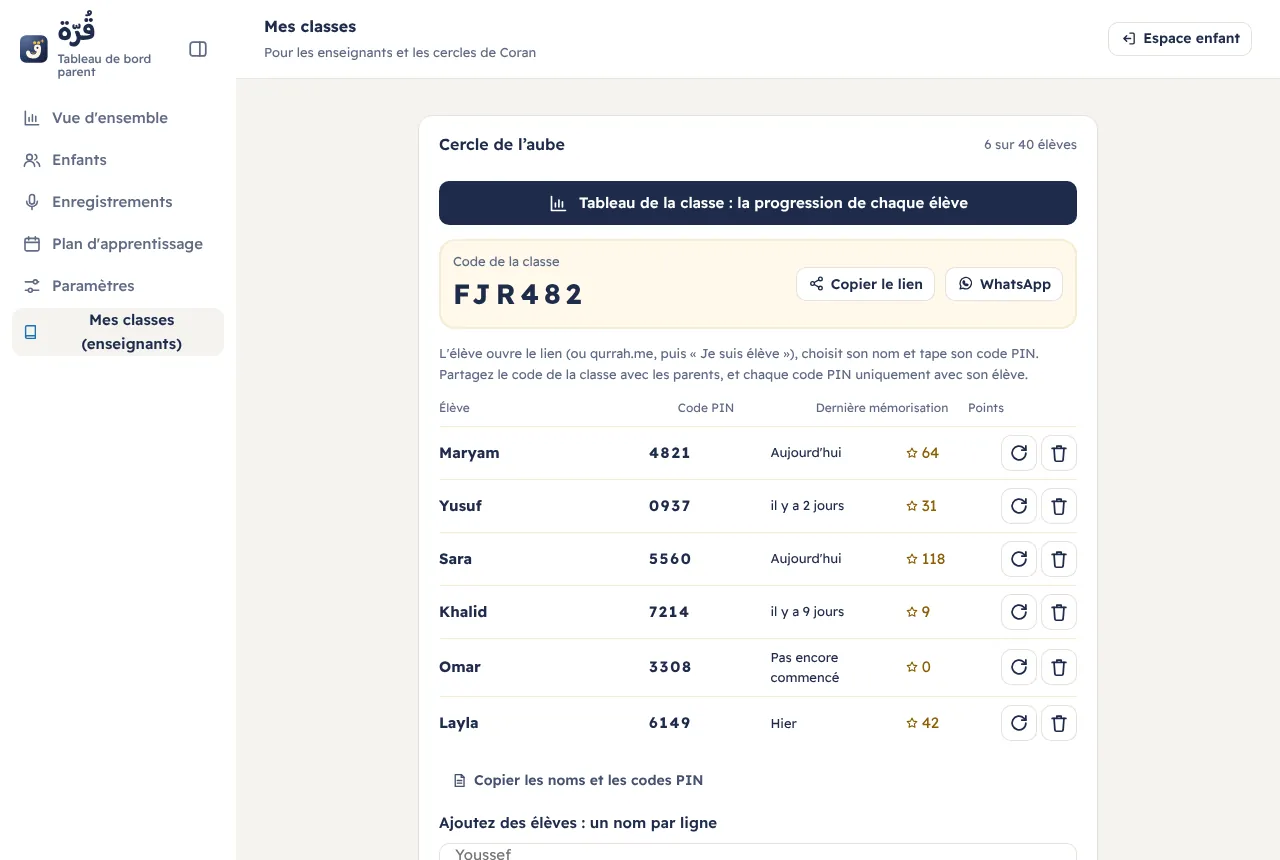 « Mes classes » sur ordinateur : la classe, son code, ses élèves et leurs codes PIN