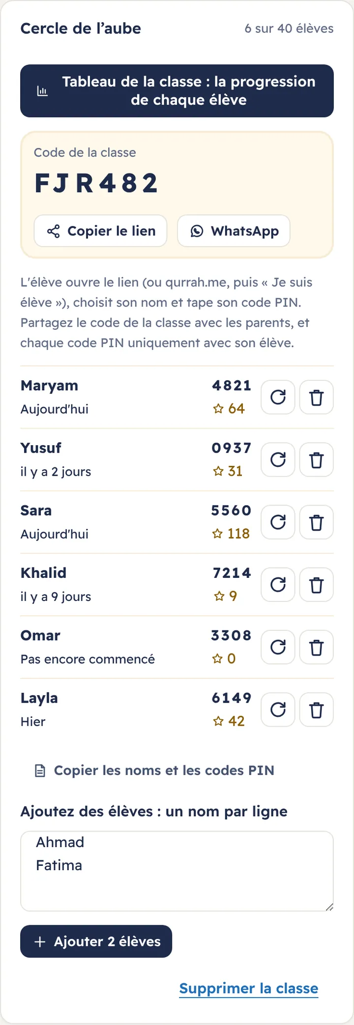 La carte de la classe : code et lien, élèves avec leurs codes PIN, et ajout de nouveaux élèves