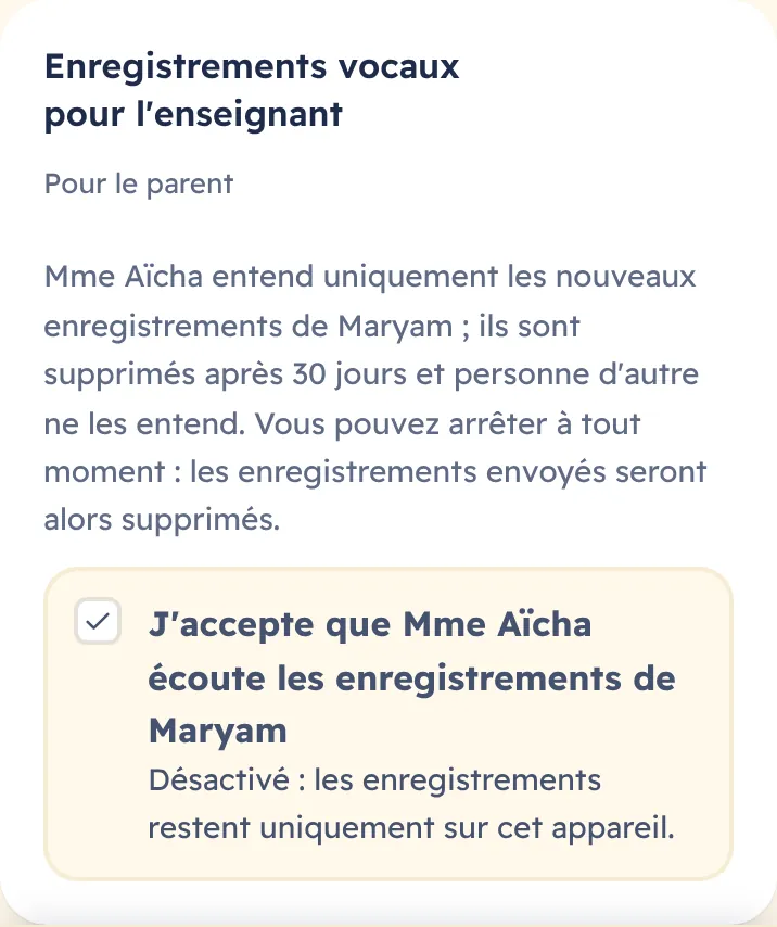 L’accord du parent sur l’appareil de l’élève