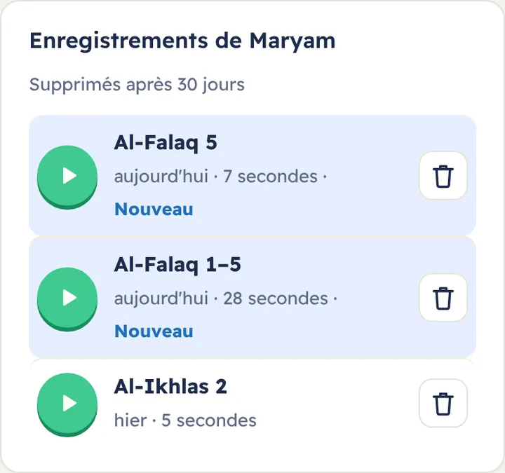 Les enregistrements sur la page de l’élève, pour l’enseignant